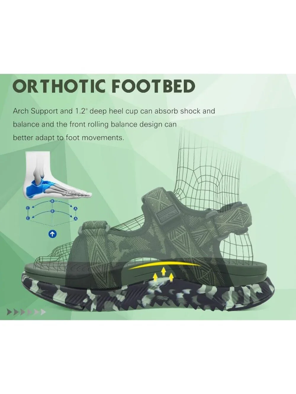 Mens Green Camo Orthopedic Recovery Camouflage Mesh Athletic Hiking Sandal Shoes